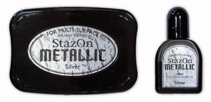 StazOn Opaque Solvent Ink pad + Inker met. Silver SZ000192