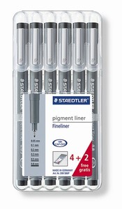 Staedtler 308SB6P Pigment Liner Fineliner (4 + 2 stuks)