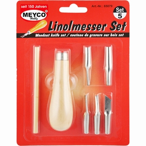 Meyco 65079 Linoleum snijder set houten houder/+5 mesjes